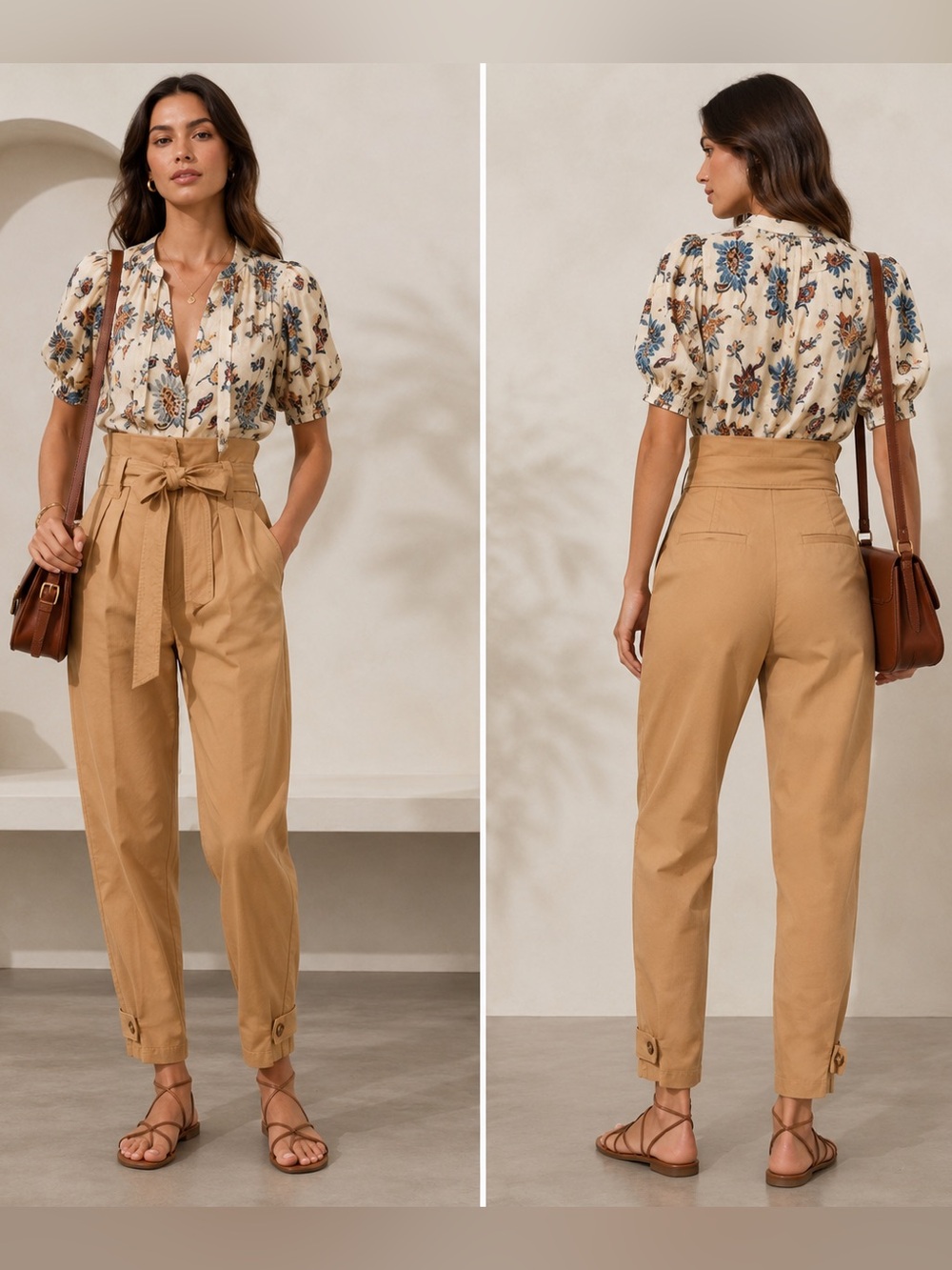 A.L.C. Karey Tie Waist High Rise Pants Camel Brown Cotton Size 00 Made in USA